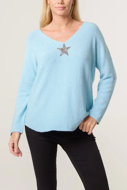 ASTRA - V-Neck Jumper with Glitter Star Motif - One Size - Various Colours
