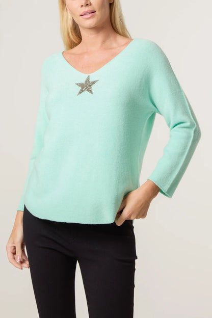 ASTRA - V-Neck Jumper with Glitter Star Motif - One Size - Various Colours