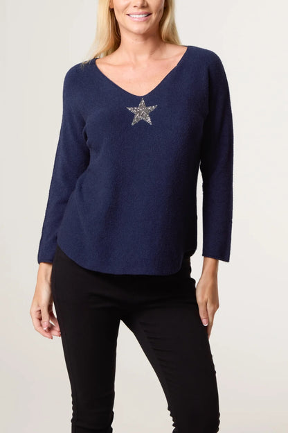 ASTRA - V-Neck Jumper with Glitter Star Motif - One Size - Various Colours
