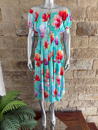 VERONA - Bardot Style Midi Dress - Various Prints - One Size Fits 8-20