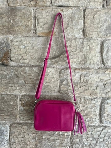 NIKKI - Leather Cross Body 'Camera' Bag with Tassels - Hot Pink