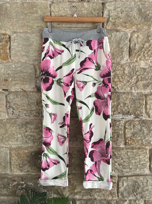 COTTON JOGGERS - 3/4 Length - 2 Sizes - Big Pink Flowers