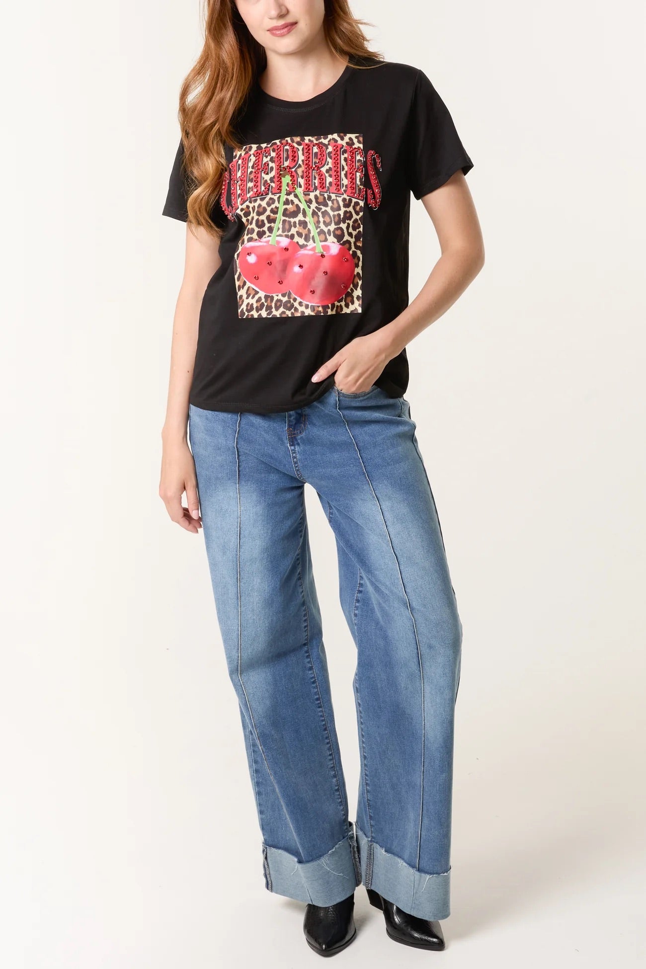 CHERRIES - Chunky Diamante Cherry & Leopard T-Shirt - 2 Colours - 2 Sizes