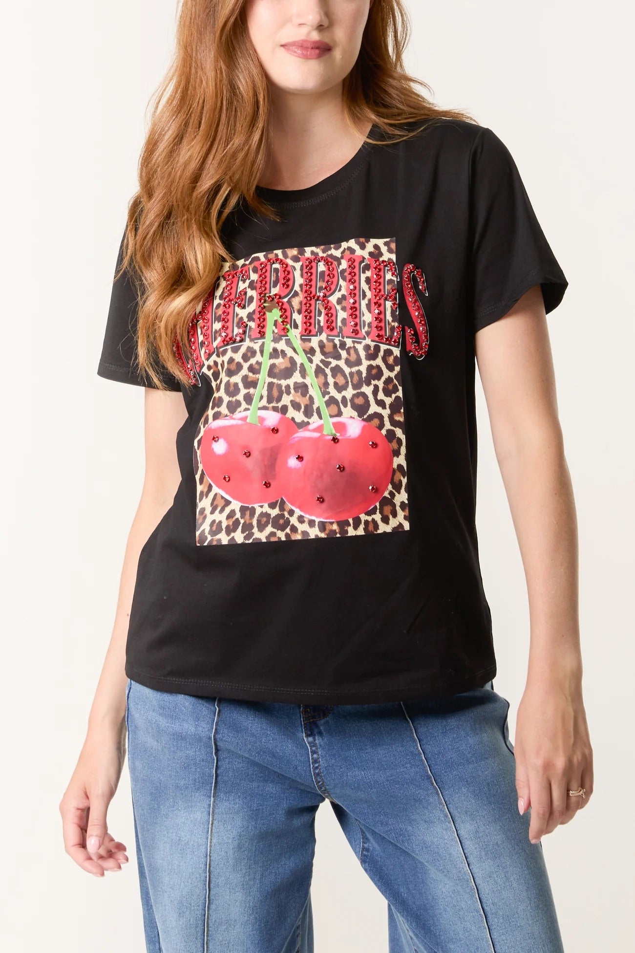 CHERRIES - Chunky Diamante Cherry & Leopard T-Shirt - 2 Colours - 2 Sizes