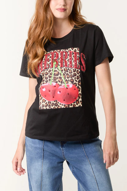 CHERRIES - Chunky Diamante Cherry & Leopard T-Shirt - 2 Colours - 2 Sizes