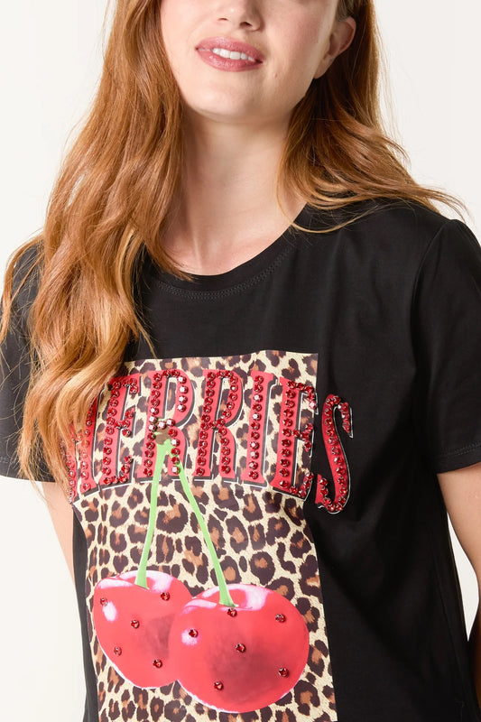 CHERRIES - Chunky Diamante Cherry & Leopard T-Shirt - 2 Colours - 2 Sizes