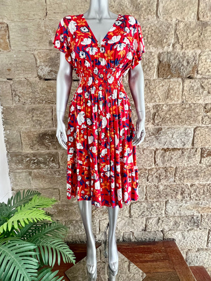 VESTA - V-Neck Midi Dress - Angel Sleeves - Various Prints & Colours - One Size Fits 8-20