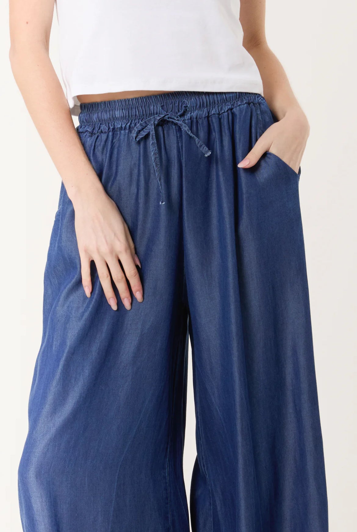 DAVINA - Chambray Denim Wide Leg Trousers - Size Medium - 2 Colours