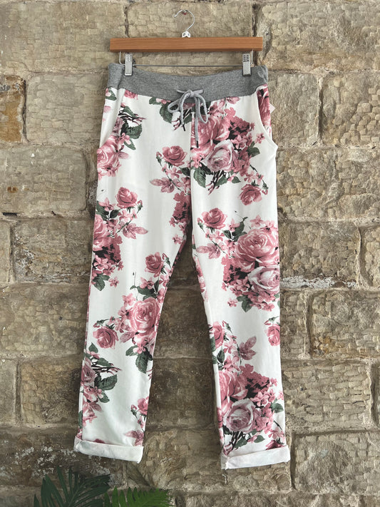 COTTON JOGGERS - 3/4 Length - 2 Sizes - Dusky Pink Roses