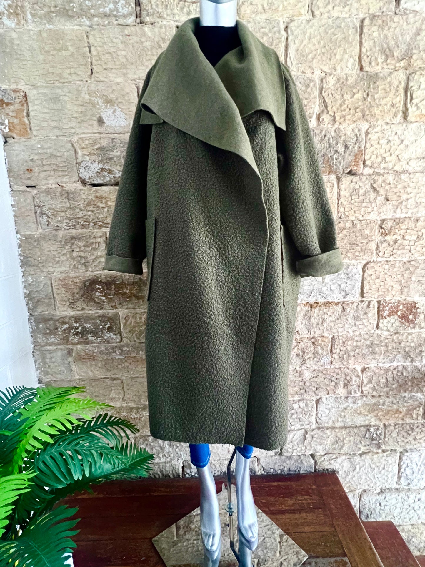 ELSIE - Khaki Green Boucle Waterfall Drape Coat