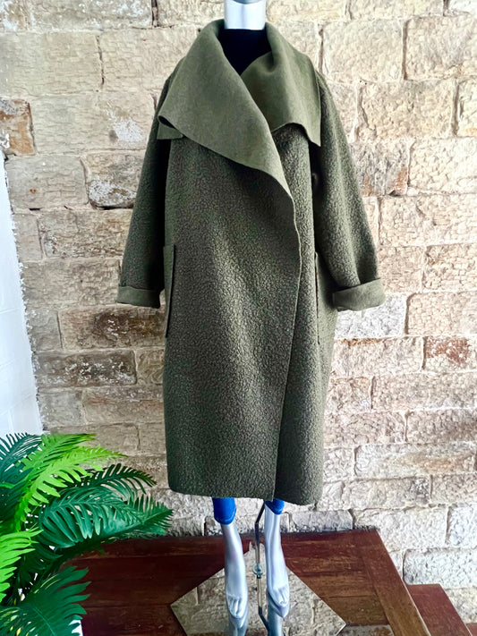 ELSIE - Khaki Green Boucle Waterfall Drape Coat