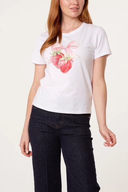 FRESCA - Strawberry Motif Embellished T-Shirt - 3 Sizes