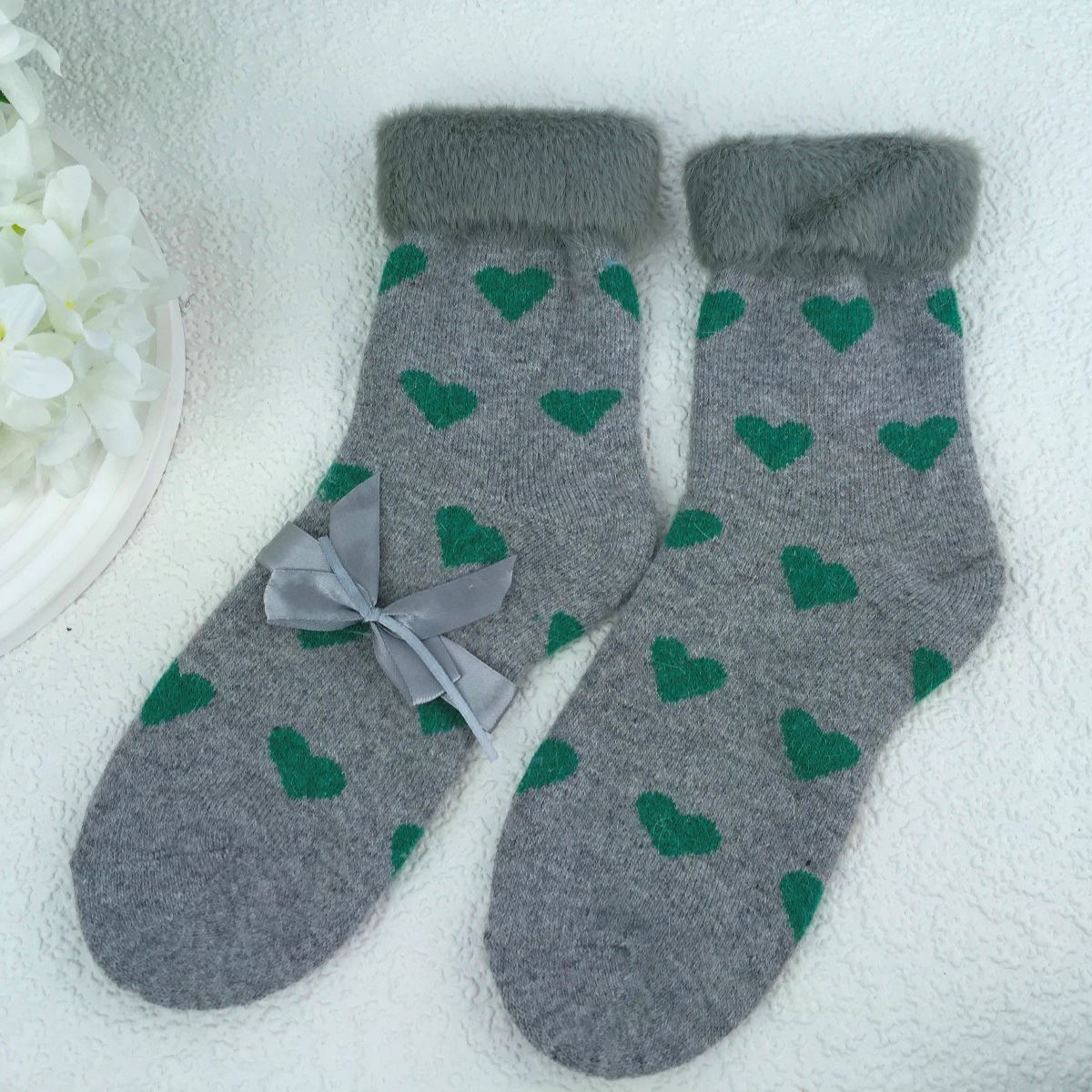 SOCKS - Wool Blend - Various Patterns - Faux Fur Cuff - One Size