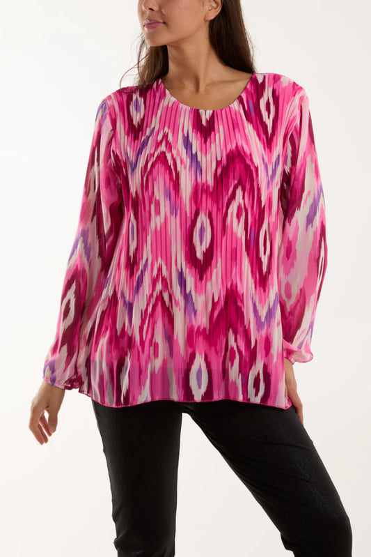 ISSY - Long Sleeved Pleated Top - Pink Blurred Zig Zag - One Size