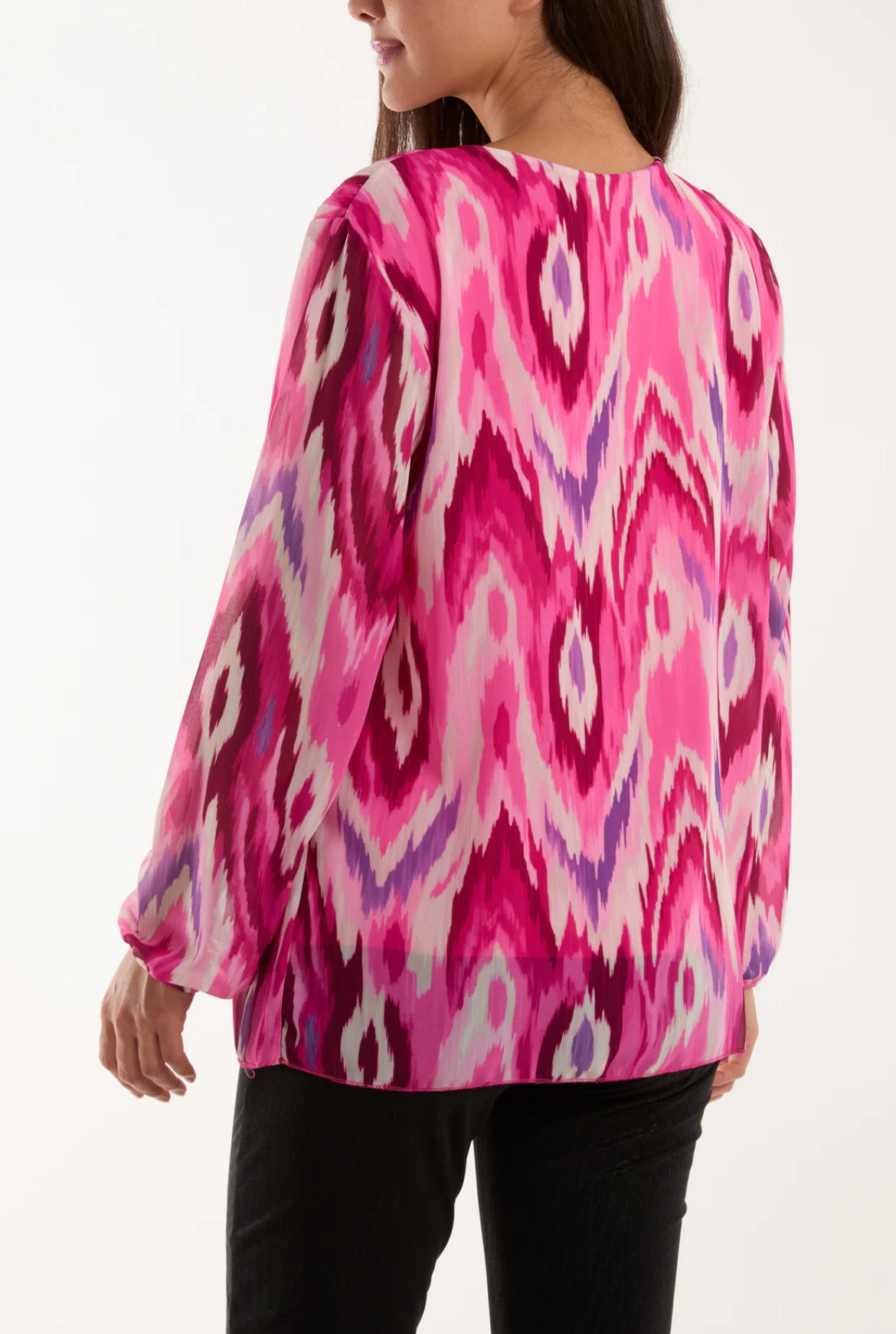 ISSY - Long Sleeved Pleated Top - Pink Blurred Zig Zag - One Size