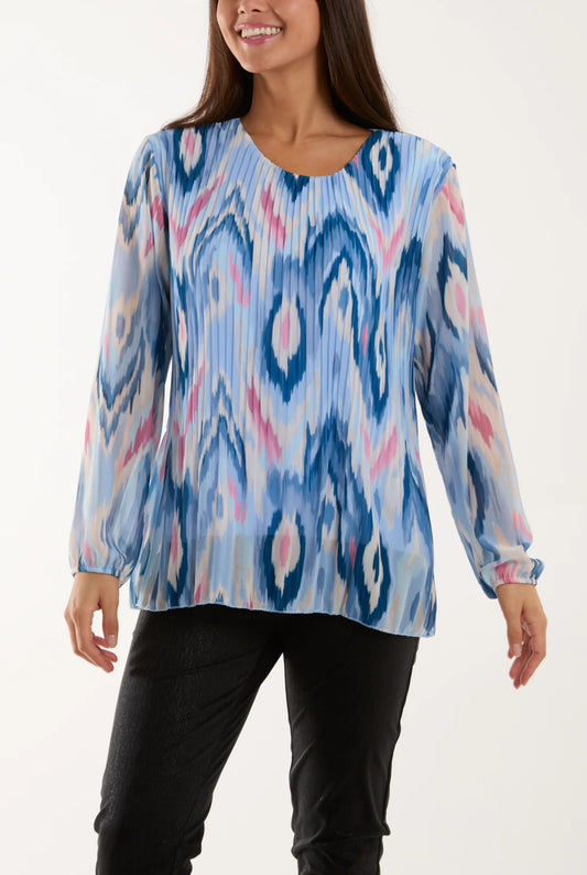 ISSY - Long Sleeved Pleated Top - Light Blue Blurred Zig Zag - One Size