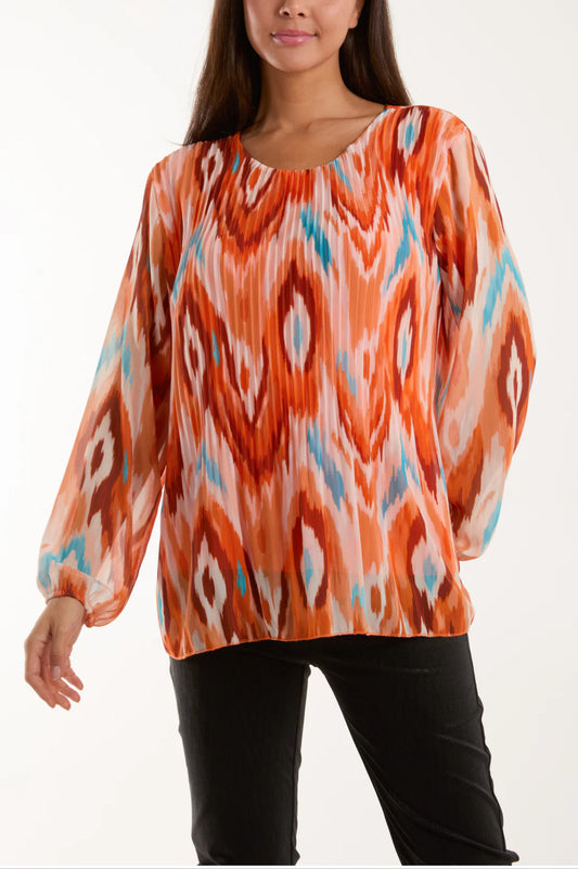 ISSY - Long Sleeved Pleated Top - Orange Blurred Zig Zag - One Size