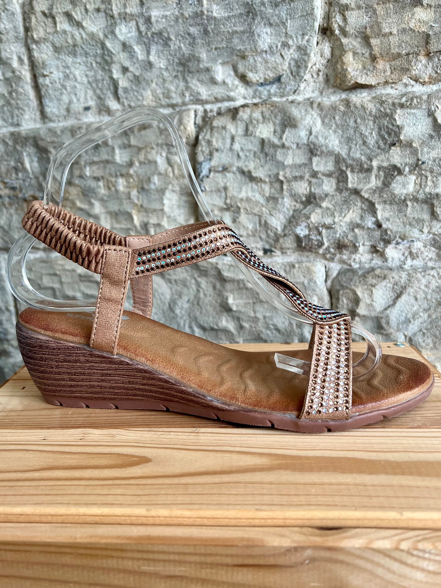 WANDA - Tan Elasticated Comfort Wedge Twist Sandal - Sparkle Trim - Sizes 3-8