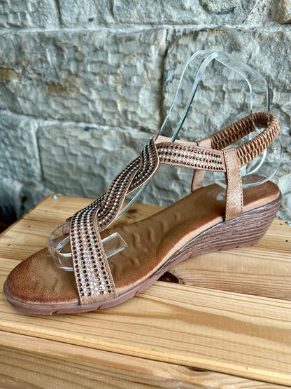WANDA - Tan Elasticated Comfort Wedge Twist Sandal - Sparkle Trim - Sizes 3-8