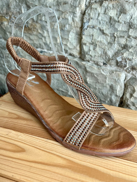 WANDA - Tan Elasticated Comfort Wedge Twist Sandal - Sparkle Trim - Sizes 3-8