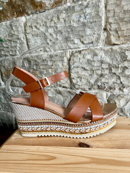 Melanie - Lightweight Tan Sandal Platform Wedges - Fancy Trim - Sizes 3-8