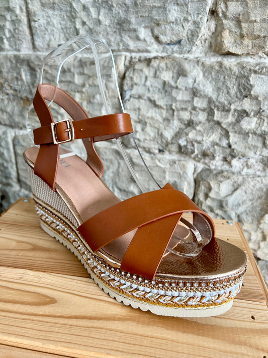 Melanie - Lightweight Tan Sandal Platform Wedges - Fancy Trim - Sizes 3-8