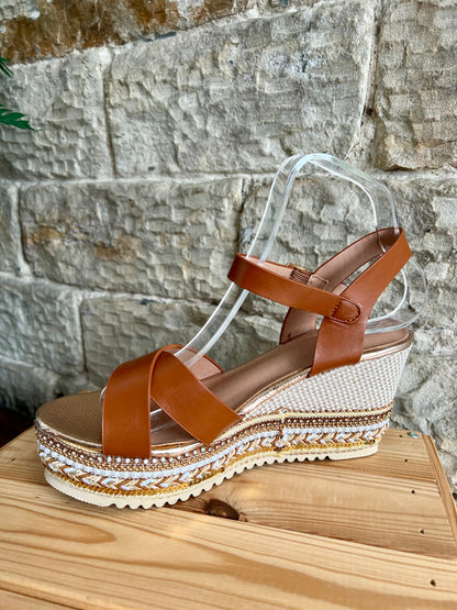 Melanie - Lightweight Tan Sandal Platform Wedges - Fancy Trim - Sizes 3-8