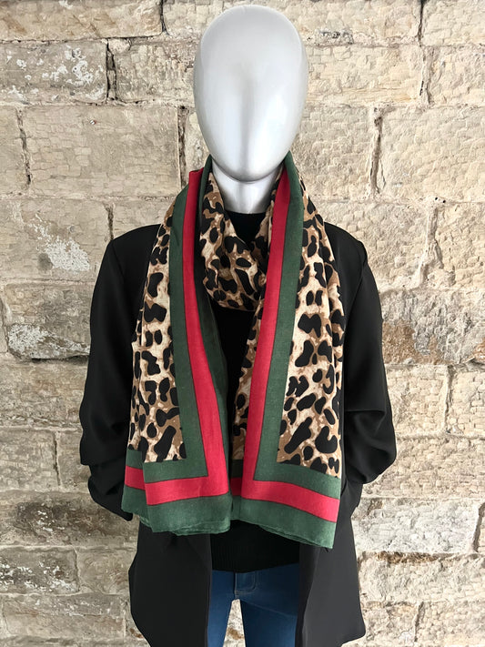 Leopard Scarf with Red & Green Stripe