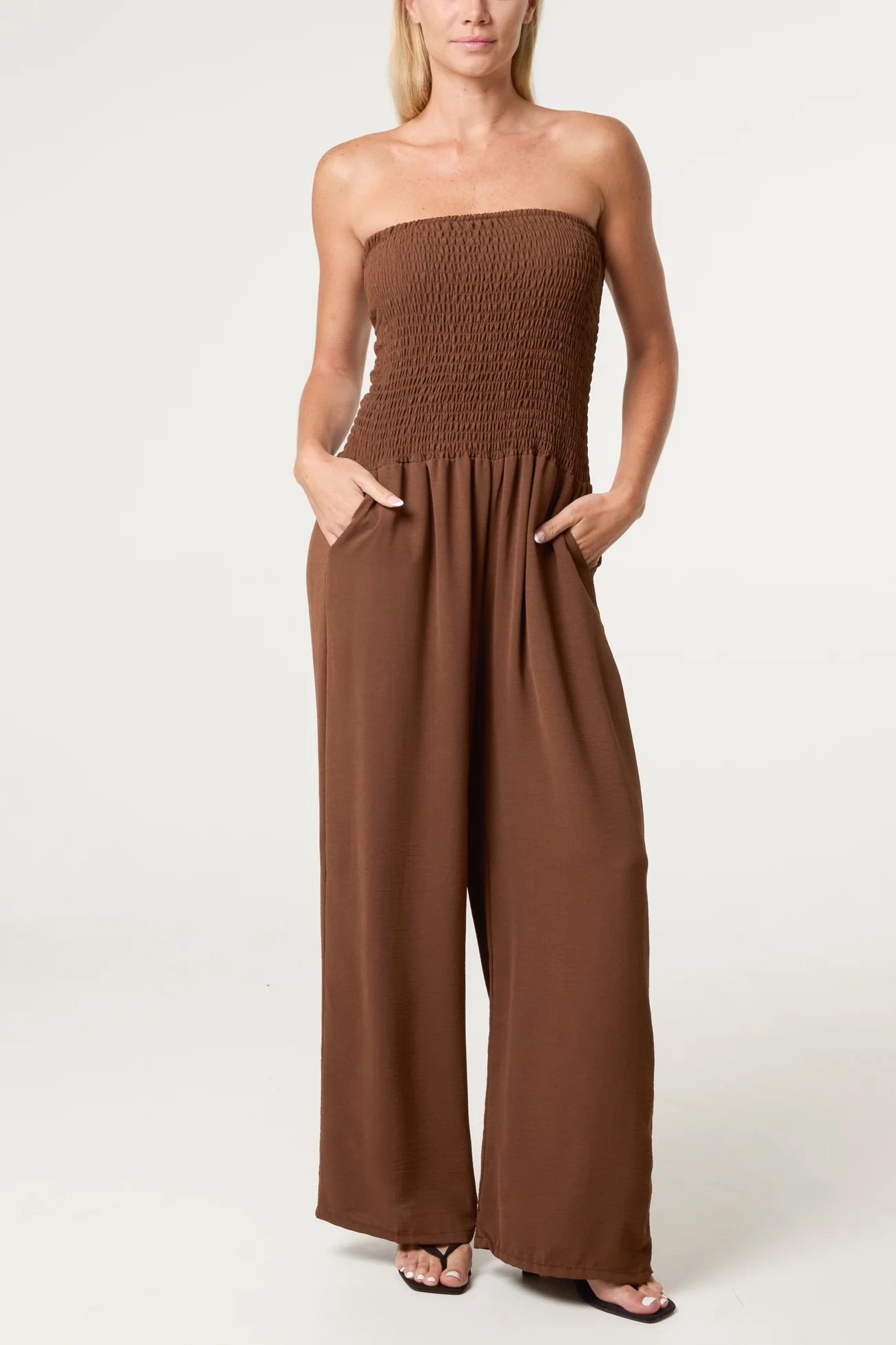 JOANNA - Bandeau Shirred Wide Leg Jumpsuit - Various Colours - One Size