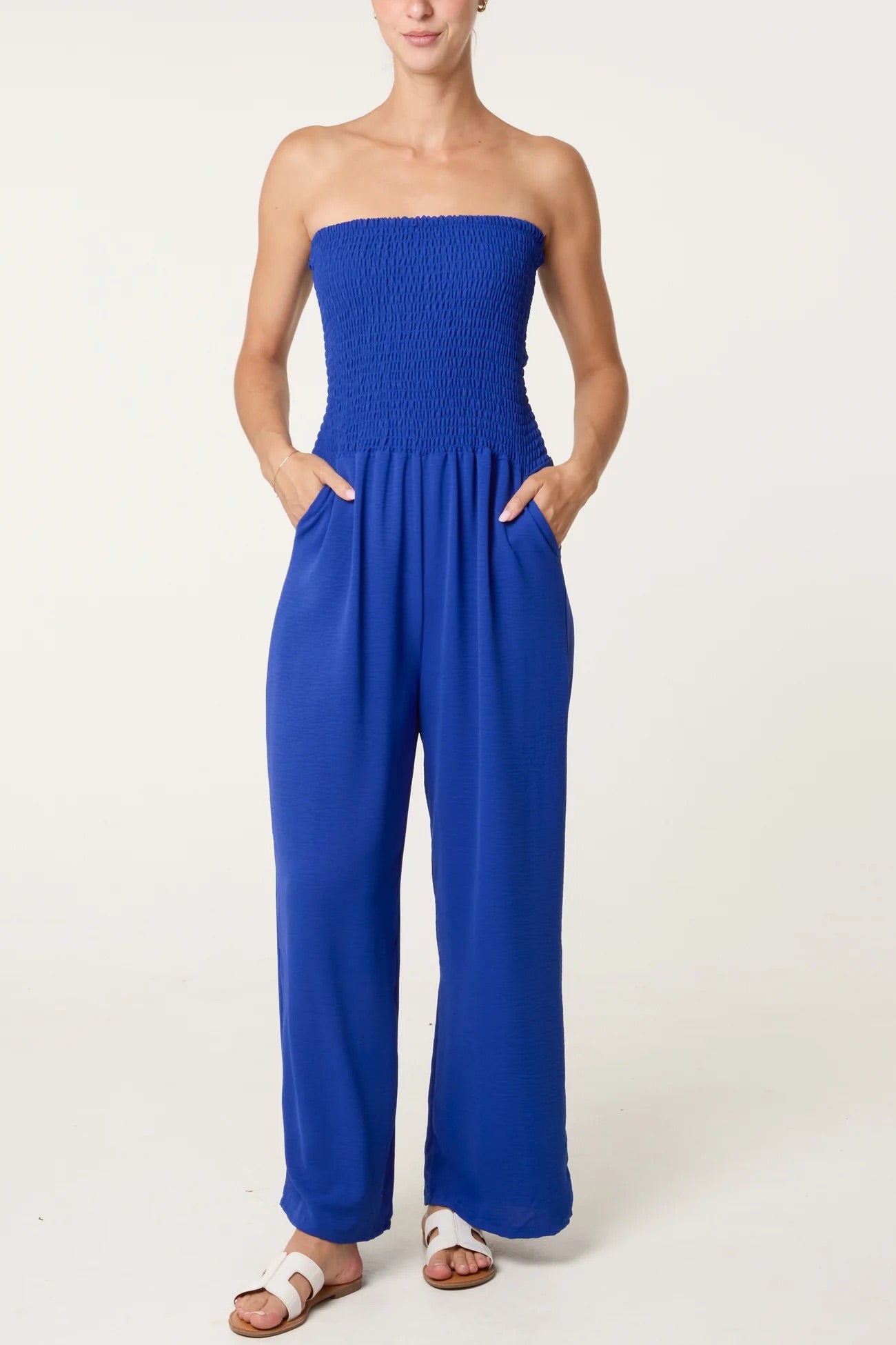 JOANNA - Bandeau Shirred Wide Leg Jumpsuit - Various Colours - One Size