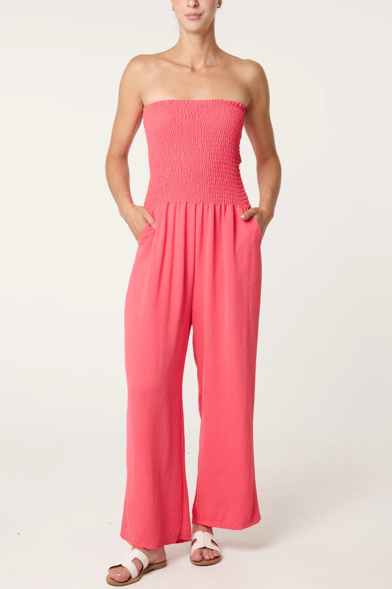 JOANNA - Bandeau Shirred Wide Leg Jumpsuit - Various Colours - One Size