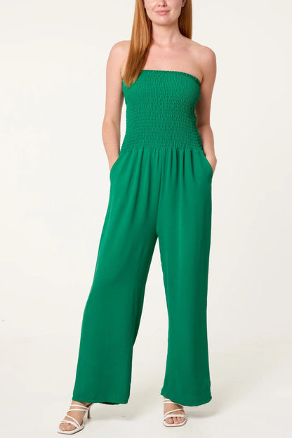 JOANNA - Bandeau Shirred Wide Leg Jumpsuit - Various Colours - One Size