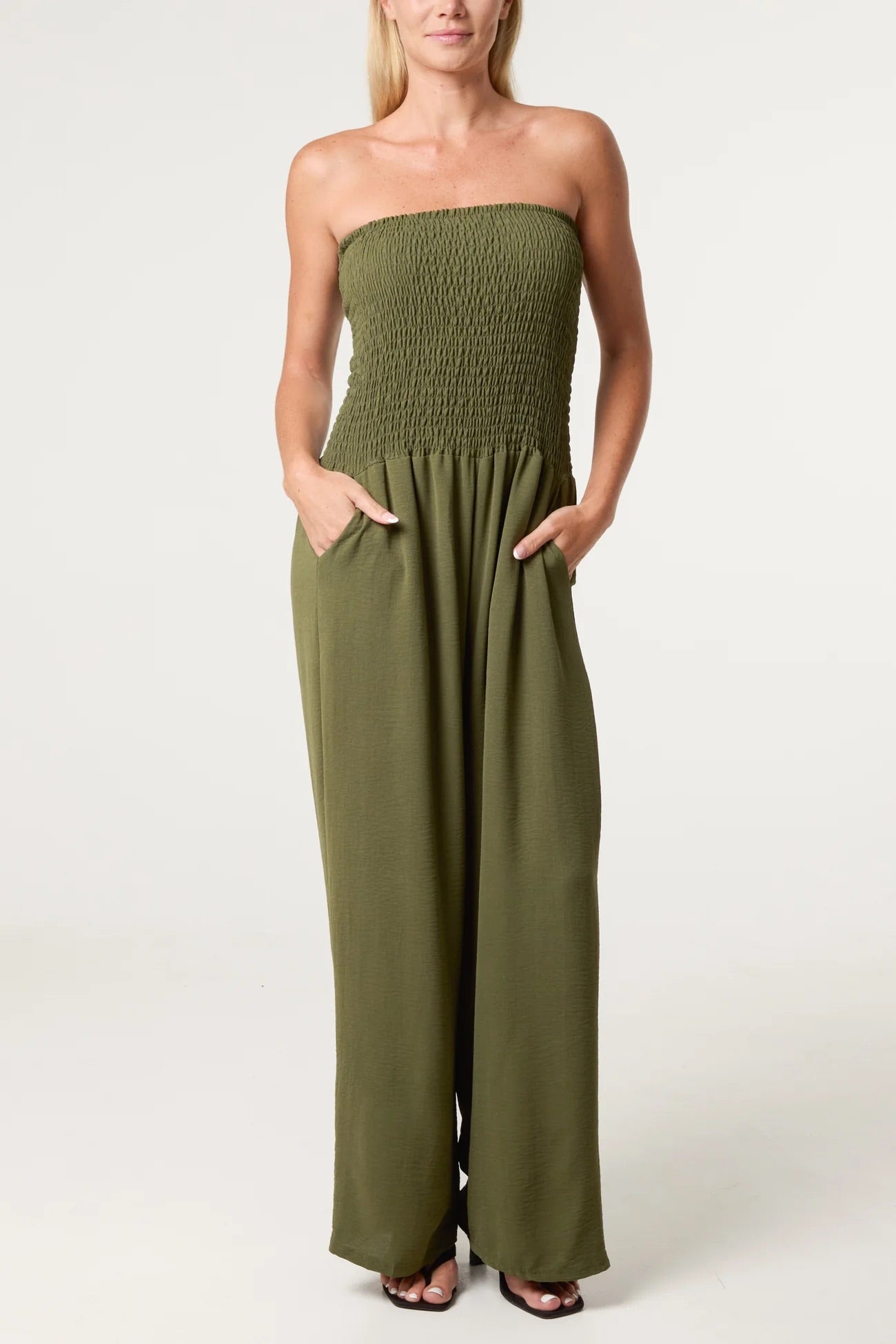 JOANNA - Bandeau Shirred Wide Leg Jumpsuit - Various Colours - One Size