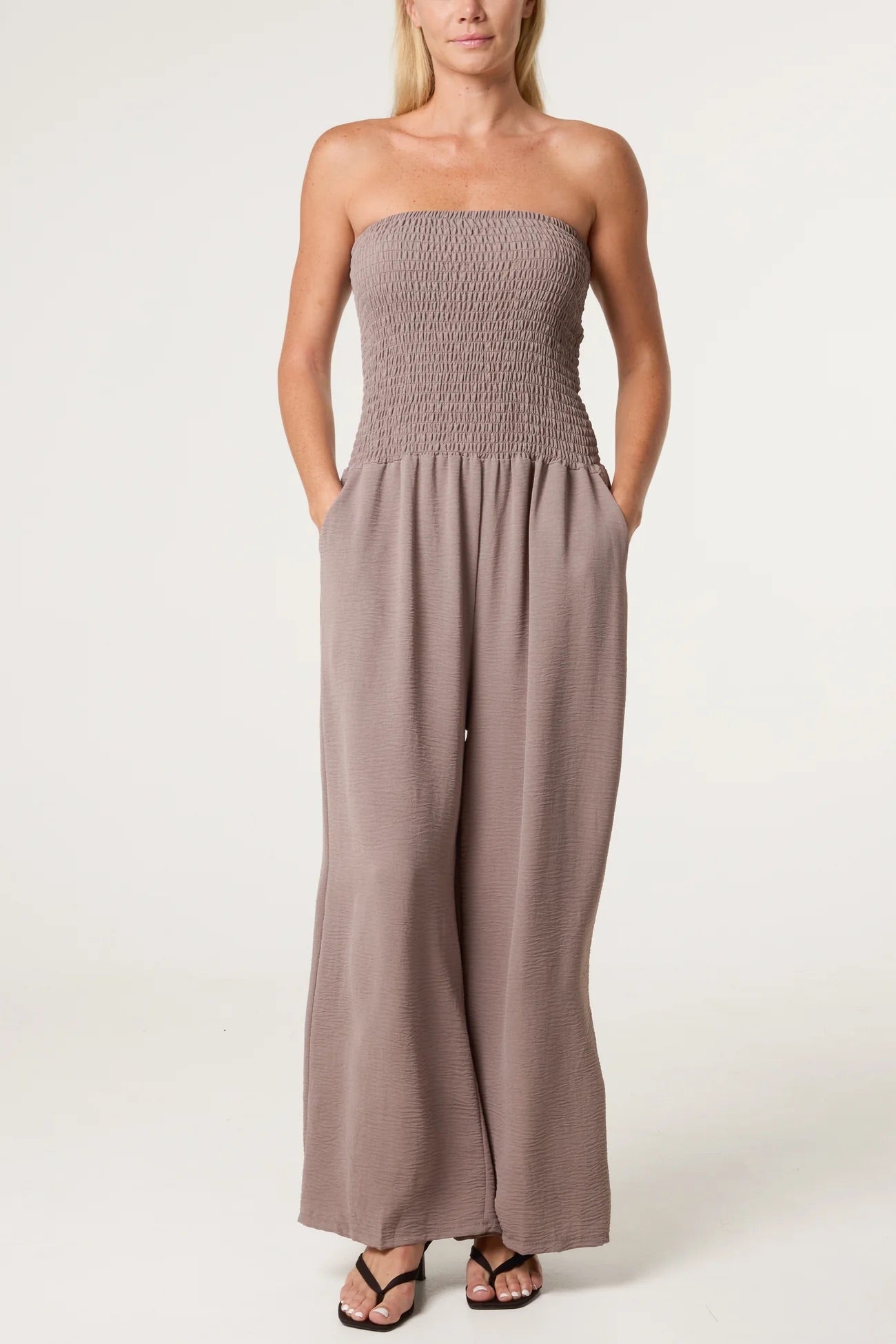 JOANNA - Bandeau Shirred Wide Leg Jumpsuit - Various Colours - One Size