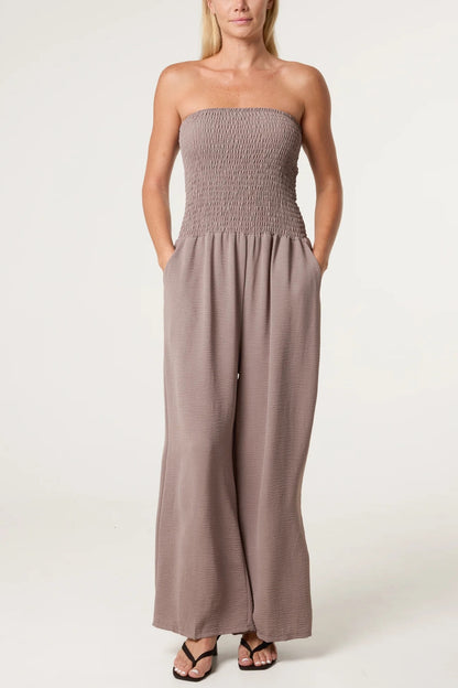 JOANNA - Bandeau Shirred Wide Leg Jumpsuit - Various Colours - One Size