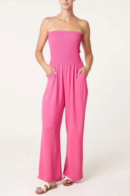 JOANNA - Bandeau Shirred Wide Leg Jumpsuit - Various Colours - One Size