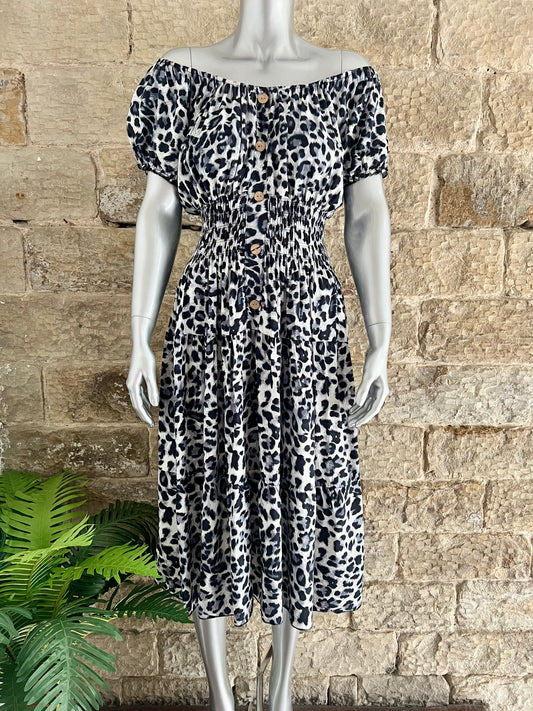 VERONA - Bardot Style Midi Dress - Black & Grey Leopard Print - One Size Fits 8-20