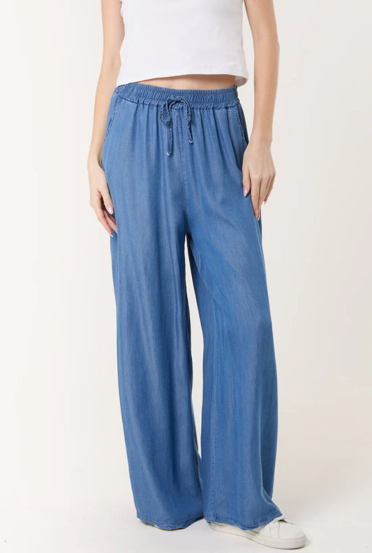 DAVINA - Chambray Denim Wide Leg Trousers - Size Medium - 2 Colours