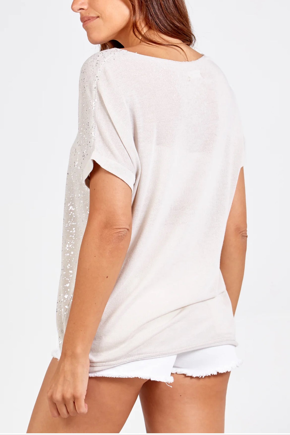 LISA - Sparkle Front Fine Knit V-Neck T-Shirt - One Size - Beige