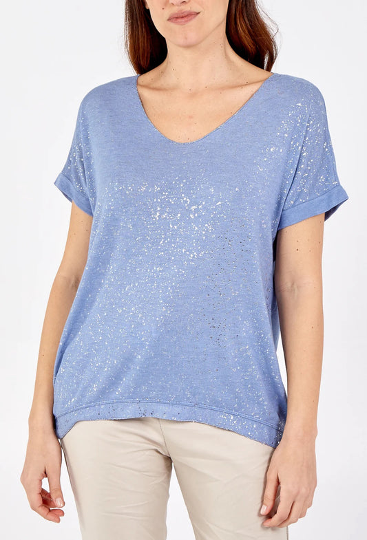 LISA - Sparkle Front Fine Knit V-Neck T-Shirt - One Size - Denim Blue