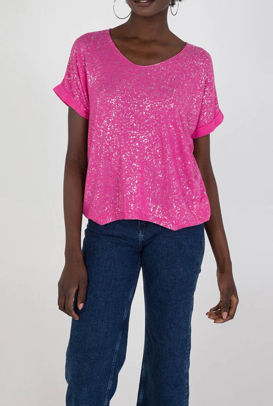 LISA - Sparkle Front Fine Knit V-Neck T-Shirt - One Size - Hot Pink