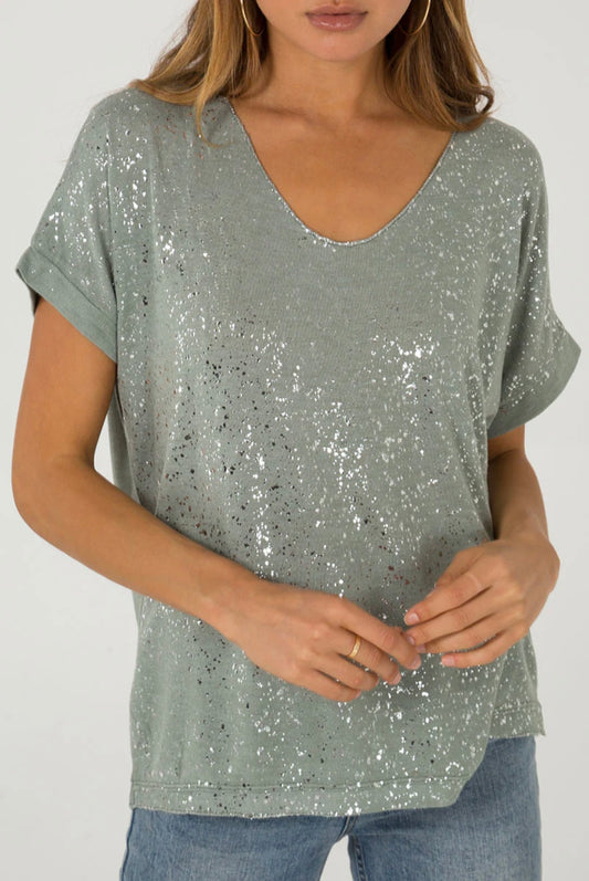 LISA - Sparkle Front Fine Knit V-Neck T-Shirt - One Size - Khaki Green