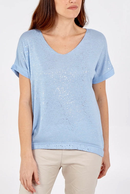 LISA - Sparkle Front Fine Knit V-Neck T-Shirt - One Size - Pale Blue