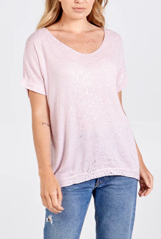 LISA - Sparkle Front Fine Knit V-Neck T-Shirt - One Size - Pale Pink