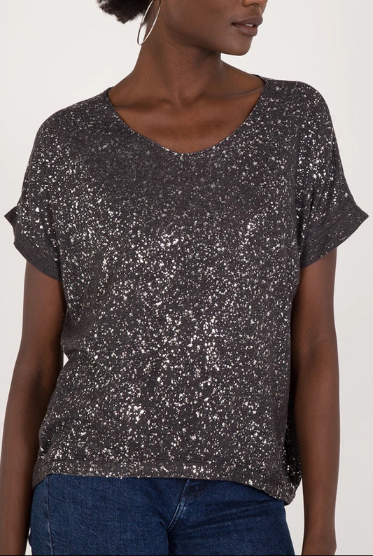 LISA - Sparkle Front Fine Knit V-Neck T-Shirt - One Size - Slate