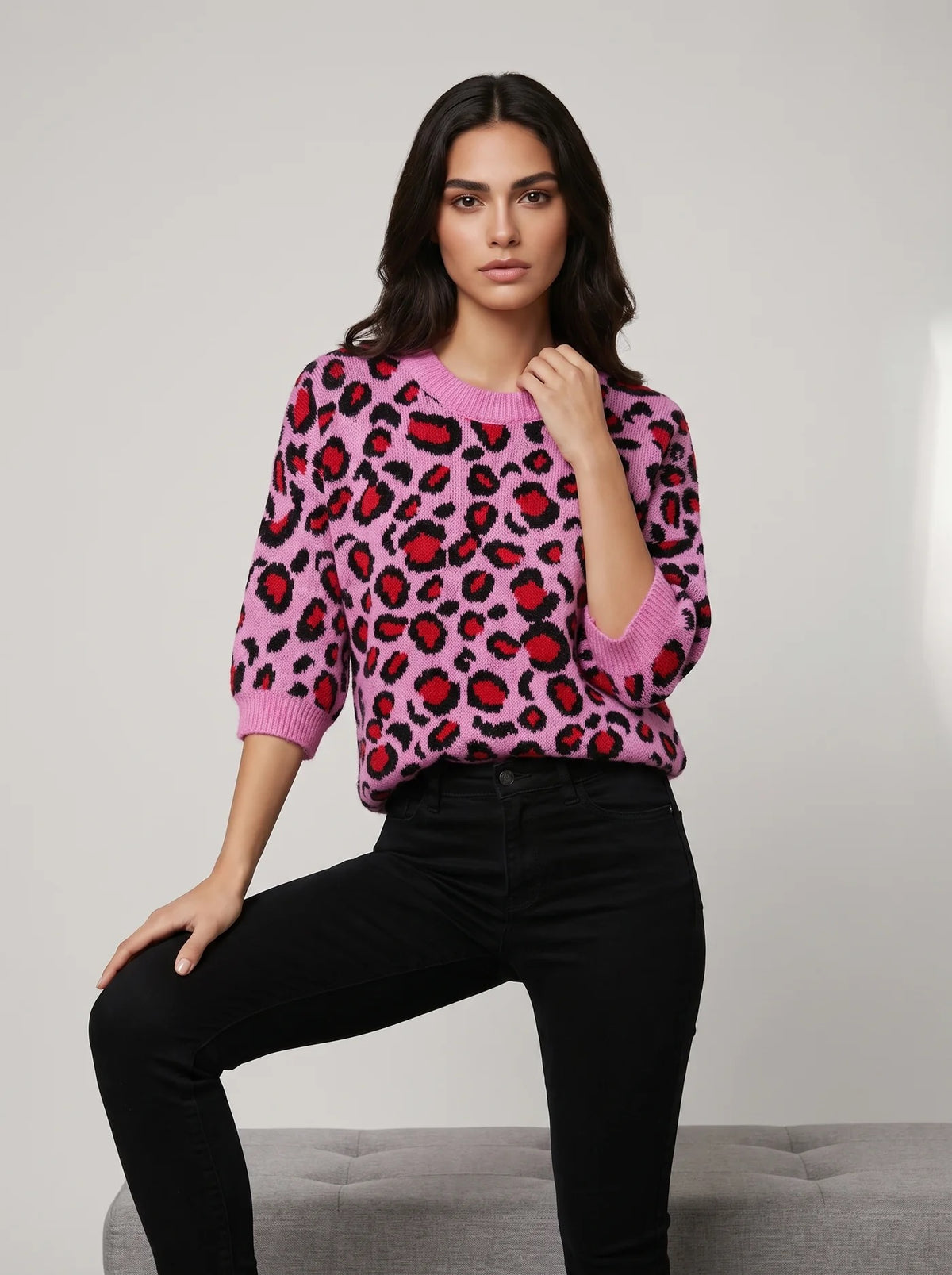 LUX - Pink & Red Leopard Sweater - One Size