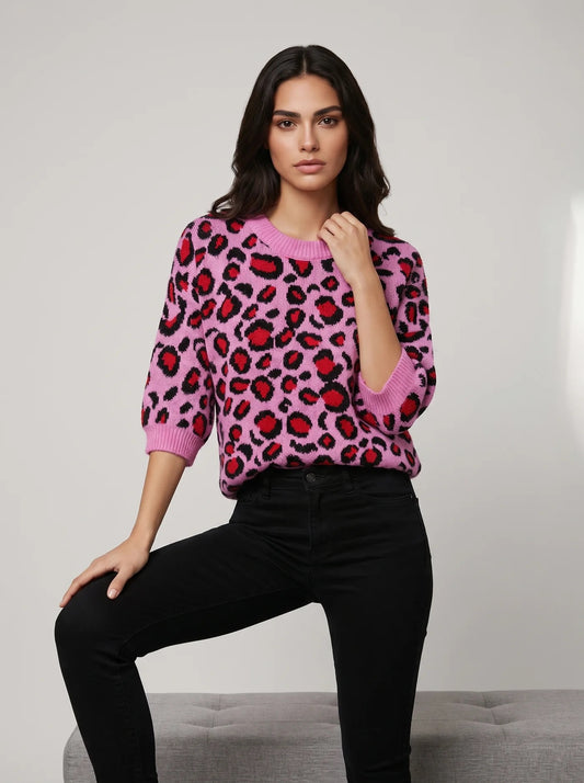 LUX - Pink & Red Leopard Sweater - One Size
