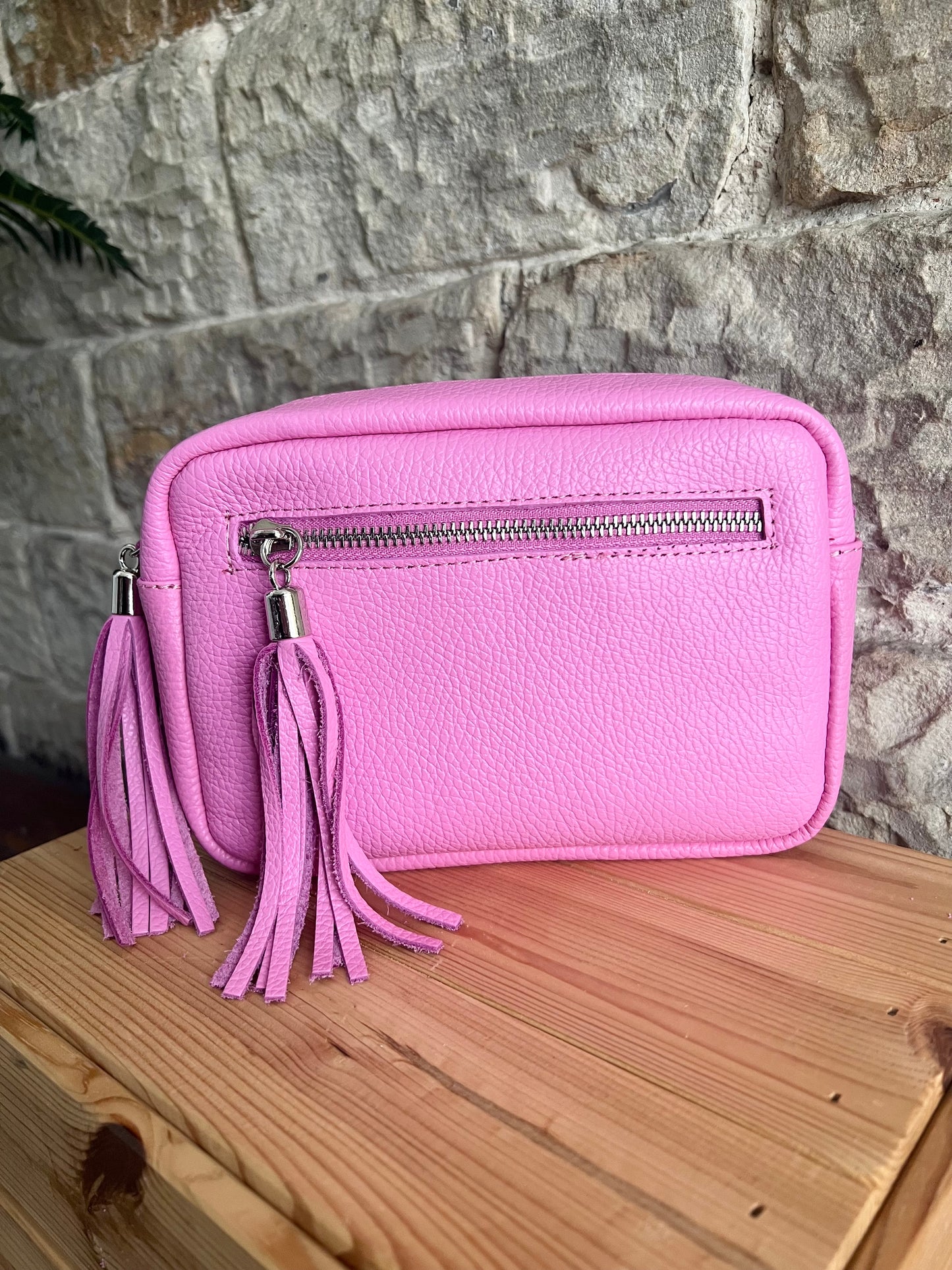 NIKKI - Leather Cross Body 'Camera' Bag with Tassels - Candy Pink
