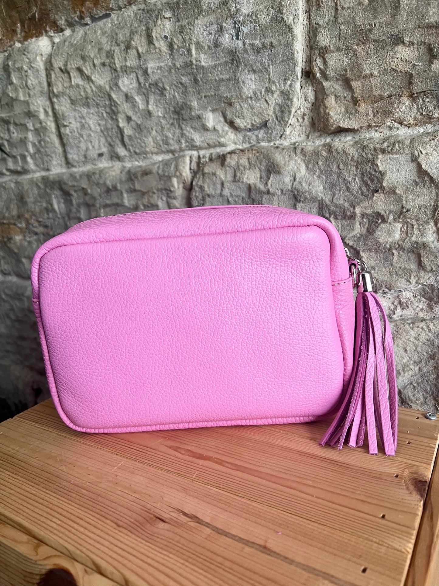 NIKKI - Leather Cross Body 'Camera' Bag with Tassels - Candy Pink
