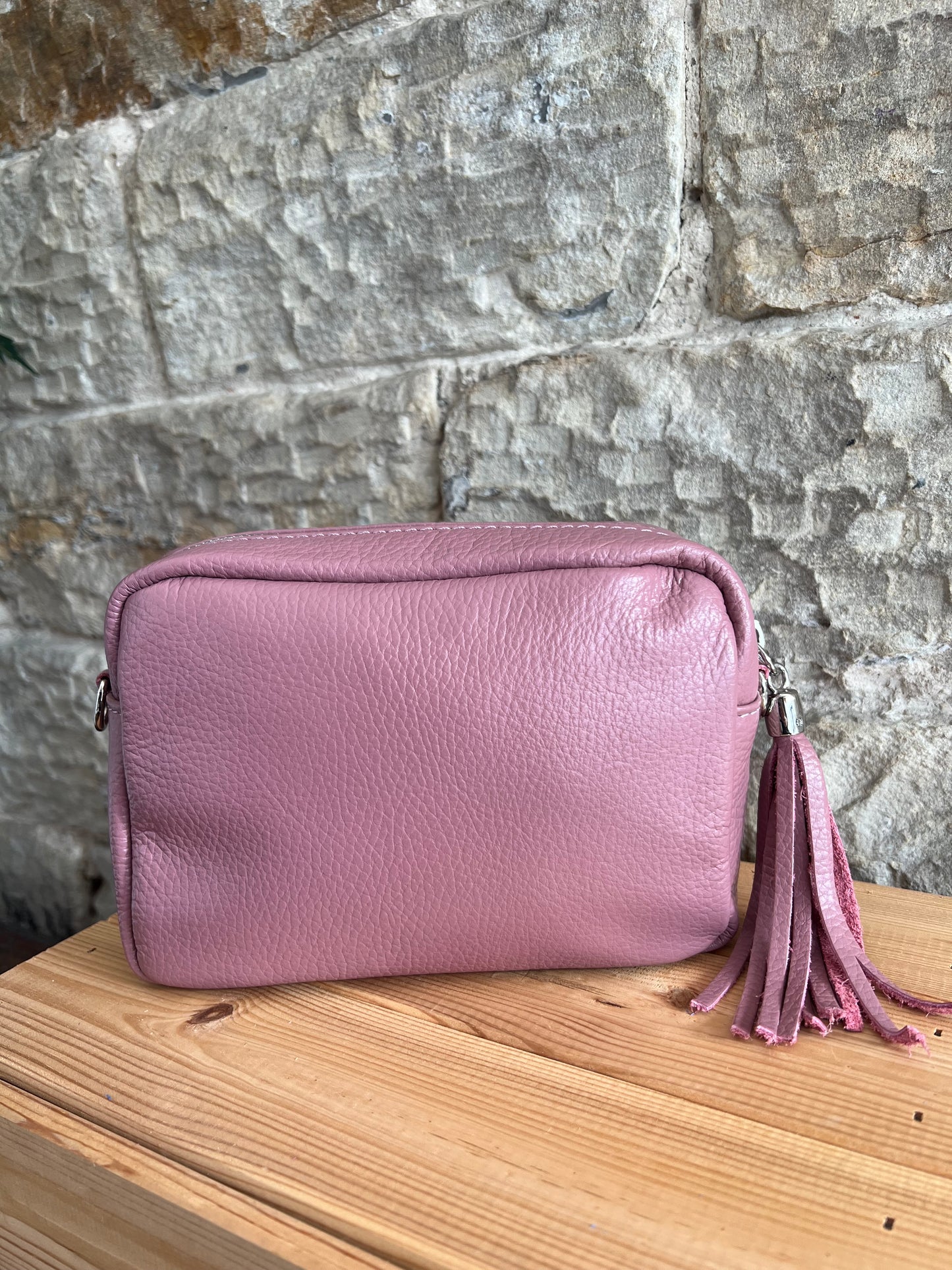 NIKKI - Leather Cross Body 'Camera' Bag with Tassels - Dusky Pink